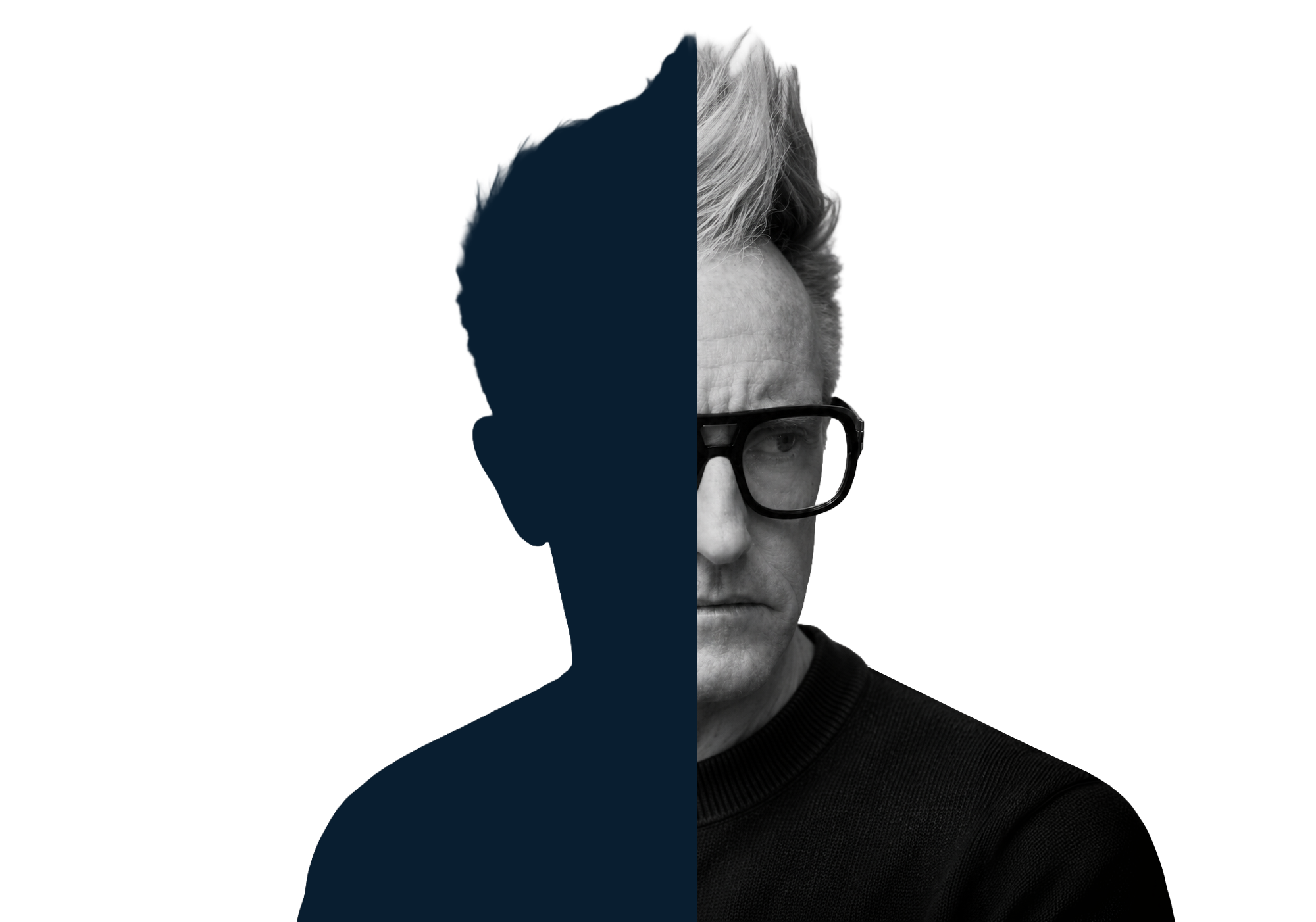 Aester August, half portrait and half navy silhouette
